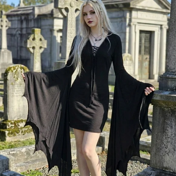 Dolls Kill Black Gothic Bell Sleeve Dress - Picture 1 of 7
